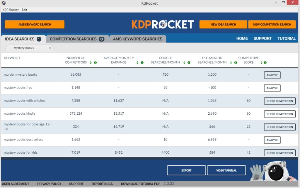 KDP Rocket - Idea Searches screen
