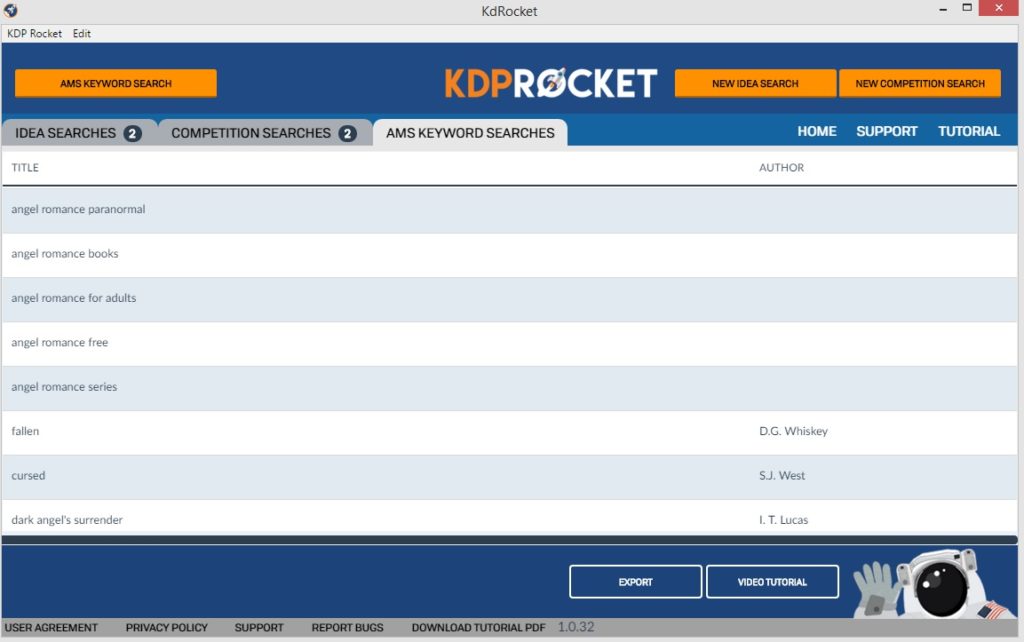 KDP Rocket - AMS Keyword Searches screen